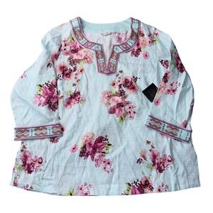 John Mark Womens Size XL Blue Floral Beaded V-Neck Linen Blend Tunic NWT